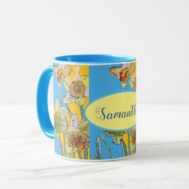 Mug Daffodil Peinture Aquarelle Jaune Bleu floral (Devant gauche)