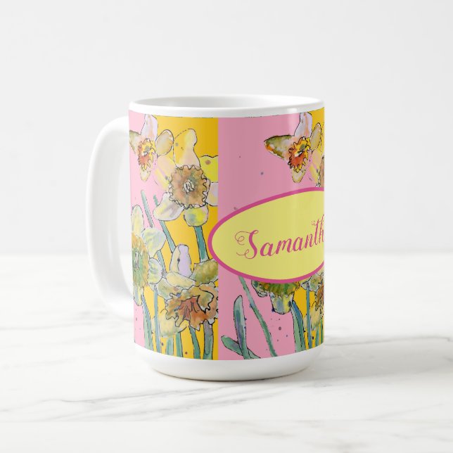 Mug Daffodil Peinture Aquarelle Jaune Rose floral (Devant gauche)