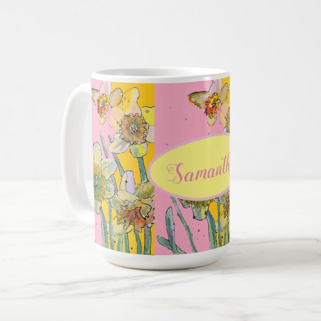 Mug Daffodil Peinture Aquarelle Jaune Rose floral (Devant gauche)