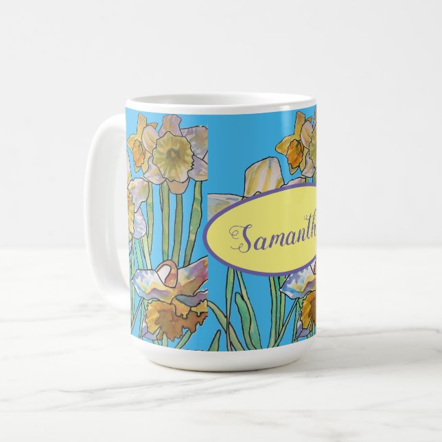 Mug Daffodil Peinture Aquarelle Turquoise Bleu floral (Devant gauche)