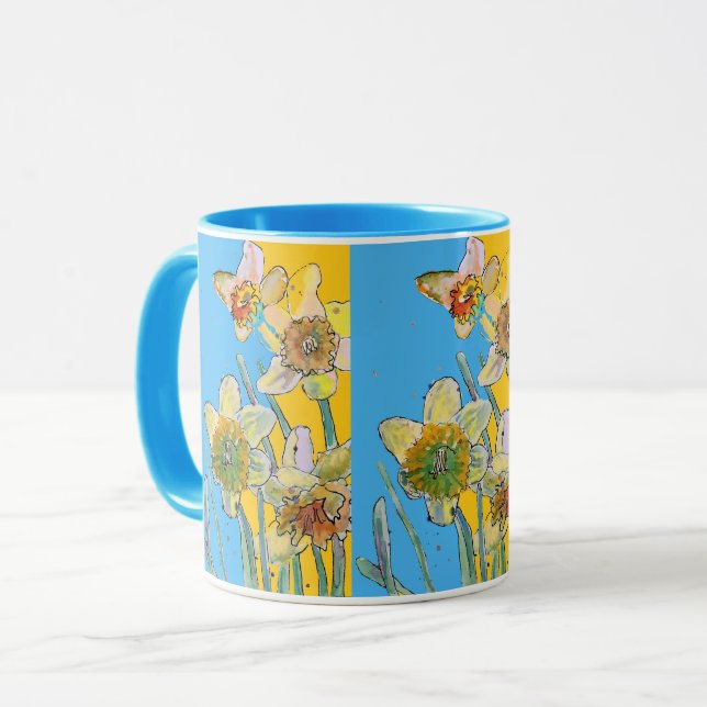 Mug Daffodil Peinture Main Peint Jaune floral Deux- (Devant gauche)