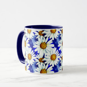 Mug Daises aquarelles sur fond bleu denim