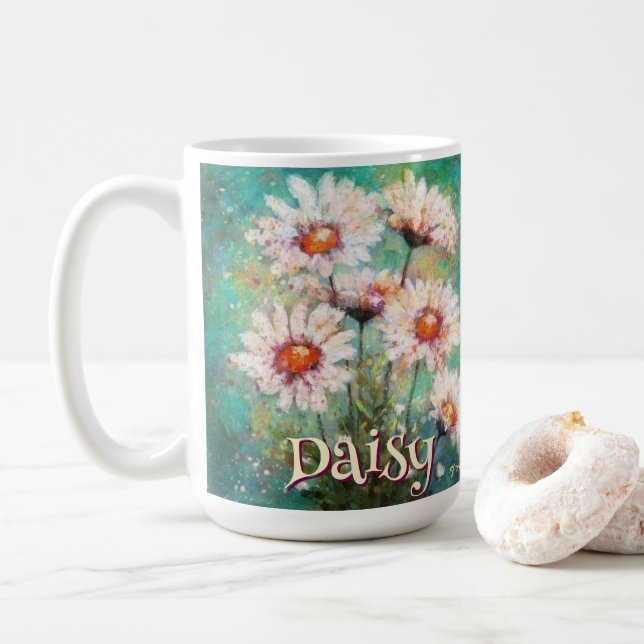 Mug Daisies Impressionistic Floral Teal Personalized (Avec donut)