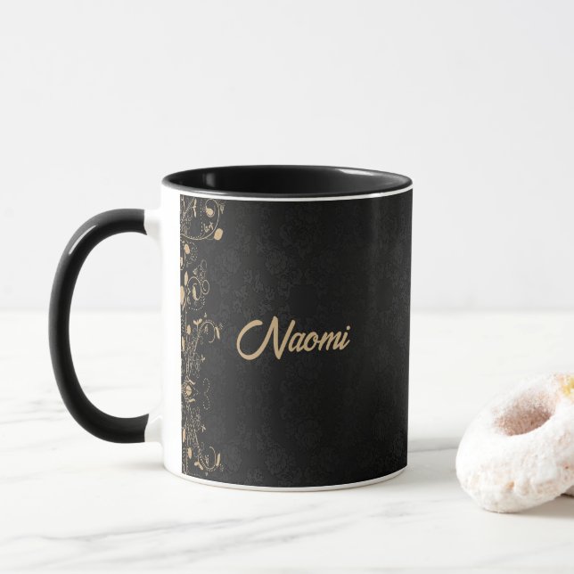 Mug Damas florales noir et or (Avec donut)