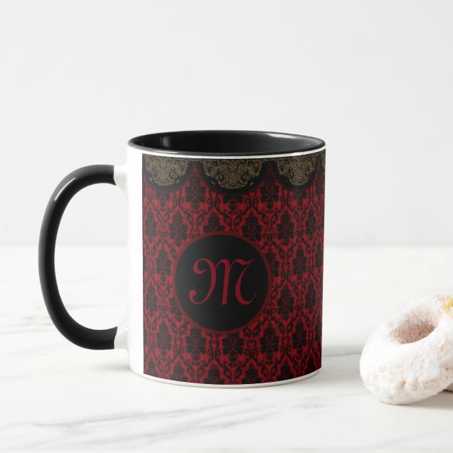 Mug Damas rouge-noir avec bordure or (Avec donut)