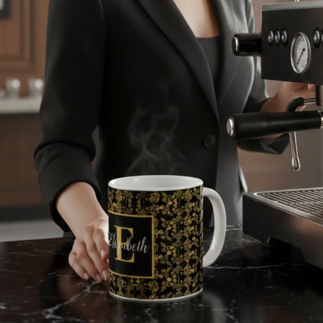 Mug Damassé floral noir et or Royal monogrammé (Créateur téléchargé)
