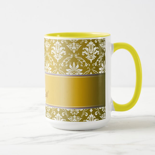 Mug Damassé jaune de monogramme et blanche d'or (Droite)