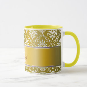 Mug Damassé jaune de monogramme et blanche d'or