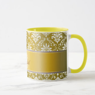Mug Damassé jaune de monogramme et blanche d'or