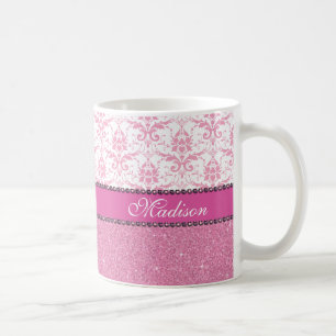 Mug Damassé rose et blanche Girly, nom rose de partie