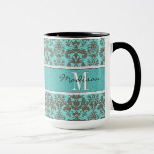 Mug Damassé turquoise de bleu et de brun de turquoise,