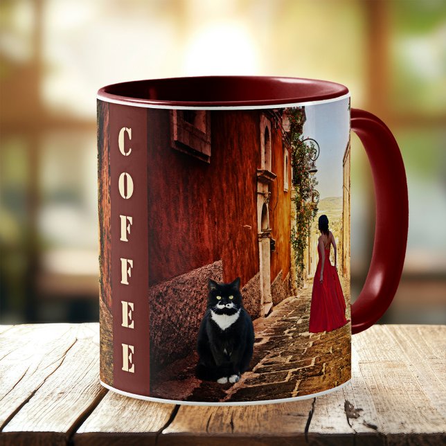 Mug Dame d'art en rouge mignonne Chat Musique italienn (Coffee mug featuring a painting of a lady in red with a cute big tuxedo cat in an Italian village)