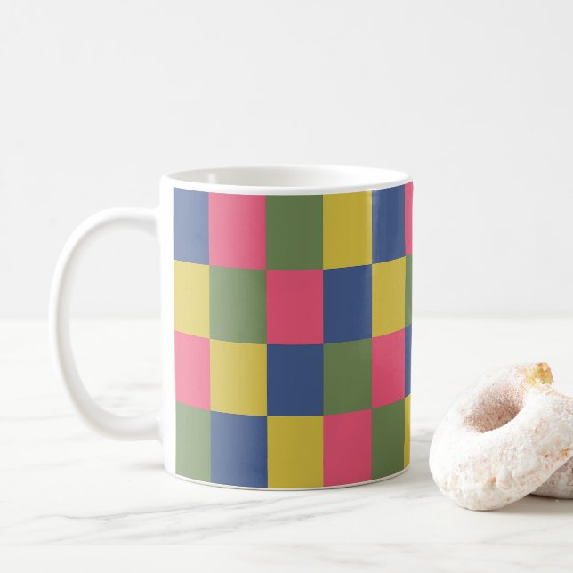 Mug Damier Bleu Rose Jaune Vert (Avec donut)