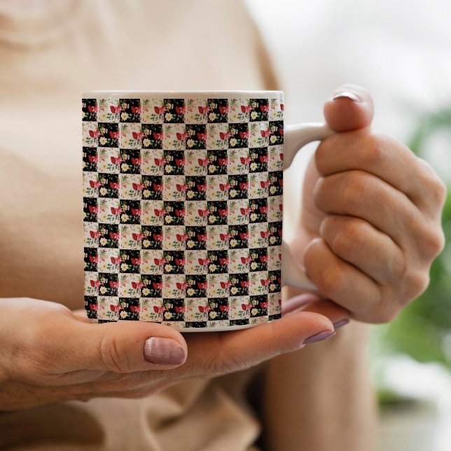 Mug damier noir et blanc Fleurs roses uniques (Créateur téléchargé)