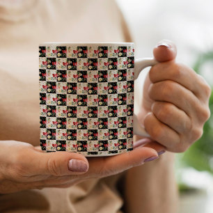 Mug damier noir et blanc Floral Rose unique