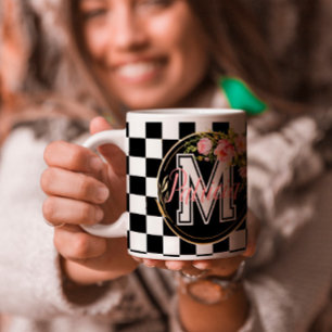 Mug damier noir et blanc Monographie rose florale