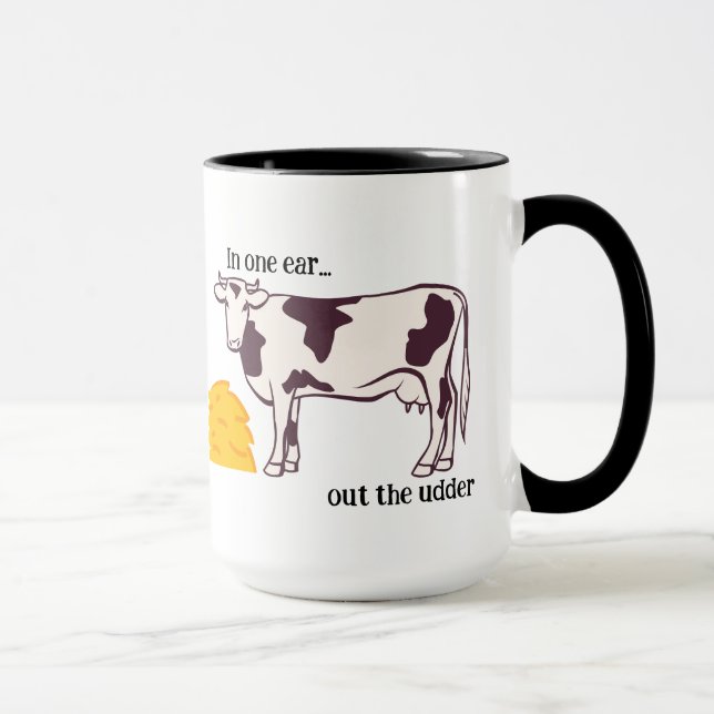 Mug "Dans une oreille..." Vache à pun personnalisable  (Droite)