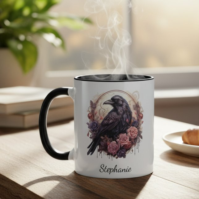 Mug Dark Academia Raven Gothic Floral (Black raven with roses coffee mug
)
