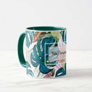 Mug Dark turquoise monstera, delicate peach and yellow