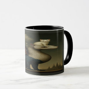 Mug d'art surréaliste Cosmic Dragon et chaton blan