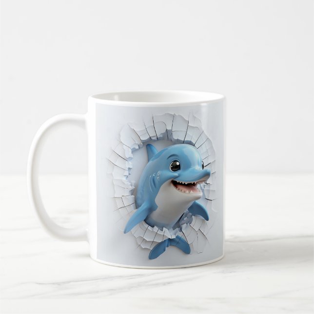 Mug Dauphin bleu caricaturé à travers mur cassant (Gauche)