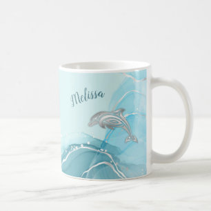 Mug Dauphins argentés ondulent votre nom sur la côte