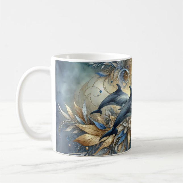 Mug Dauphins Élégants avec Vagues Florales Dorées (Gauche)