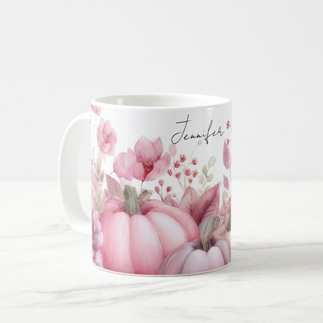 Mug d'automne avec Citrouilles roses et fleurs (Devant gauche)