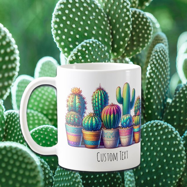 Mug de cactus coloré avec texte ou nom personnalis (Colorful Custom Cactus Mug For Cactus Lovers | Add your custom text to this fun cactus mug!)