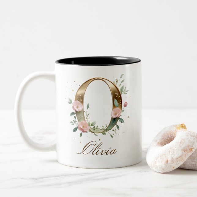 Mug de café à deux tons avec initiale florale en o (Avec donut)