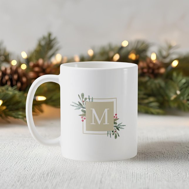 Mug de café à monogramme avec botaniques de Noël (Créateur téléchargé)