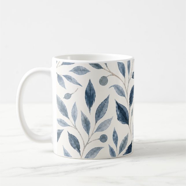 Mug de Café aux Feuilles Élégantes Aquarelle Bleue (Gauche)