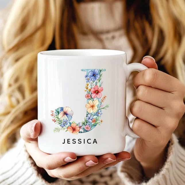 Mug de café avec initiale florale personnalisée, c (Custom Monogram Name Mug for Mom or Bridesmaids, Custom Floral Alphabet Mug for Teacher or Nurse)