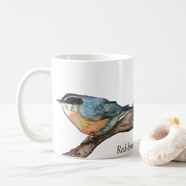 Mug de café blanc nuthatch à poitrine rouge (Avec donut)