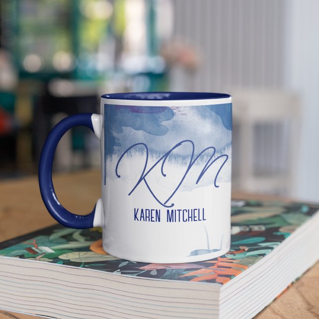 Mug de café bleu monochrome bleu (name and blue watercolor)