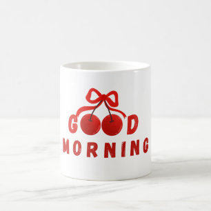 Mug de café Bonjour avec un joli noeud rouge ceris