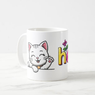 Mug de café coloré rétro avec un chat mignon qui f