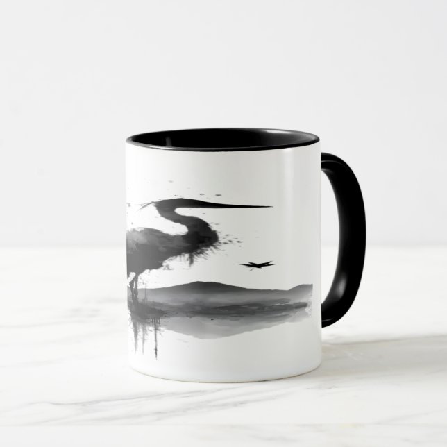 Mug de Café d'Art Zen Grue Sumi-e Japonaise (Devant droit)