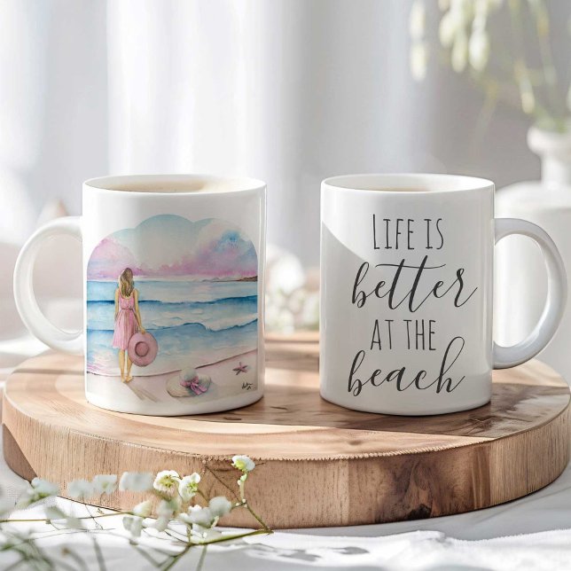 Mug de café de plage - Cadeau de jour de Valentine (beach coffee mugs coastal watercolor art in shades of pink and blue life is better at the beach)