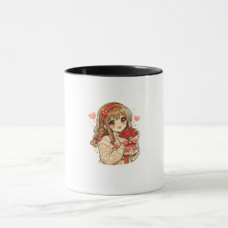 Mug de café Fille Anime Mignonne tenant des Roses