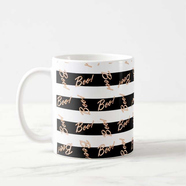 Mug de café Halloween rayé noir et blanc BOO (Gauche)