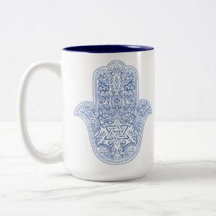 Mug de café Hamsa - Bleu & Blanc - Cadeaux Judaïqu