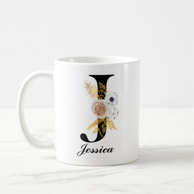 Mug de café monogramme - Floral noir initial J (Gauche)