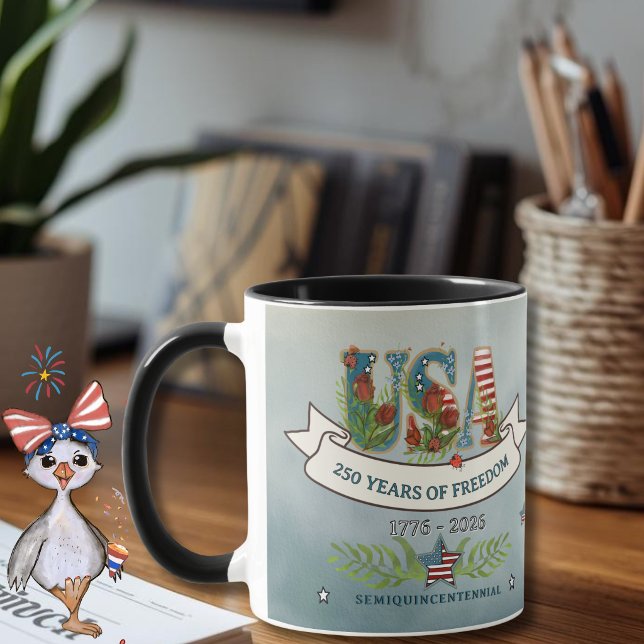 Mug de café patriotique pour le 250e anniversaire  (Floral USA 250th Anniversary Patriotic Coffee Mug)