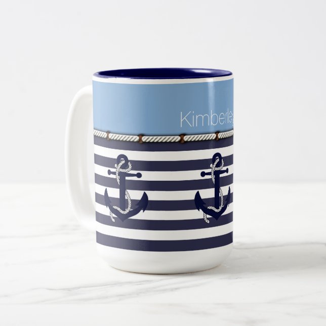 Mug de café personnalisé avec ancres et rayures (Devant gauche)