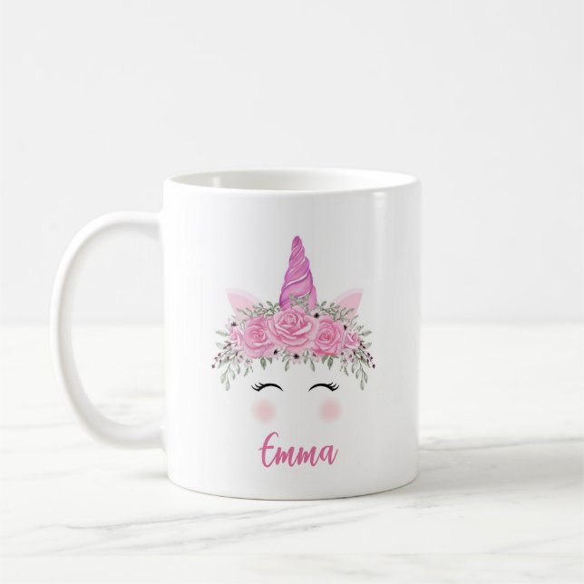 Mug De Café Unicorne Personnalisé Avec Nom Rose (Gauche)