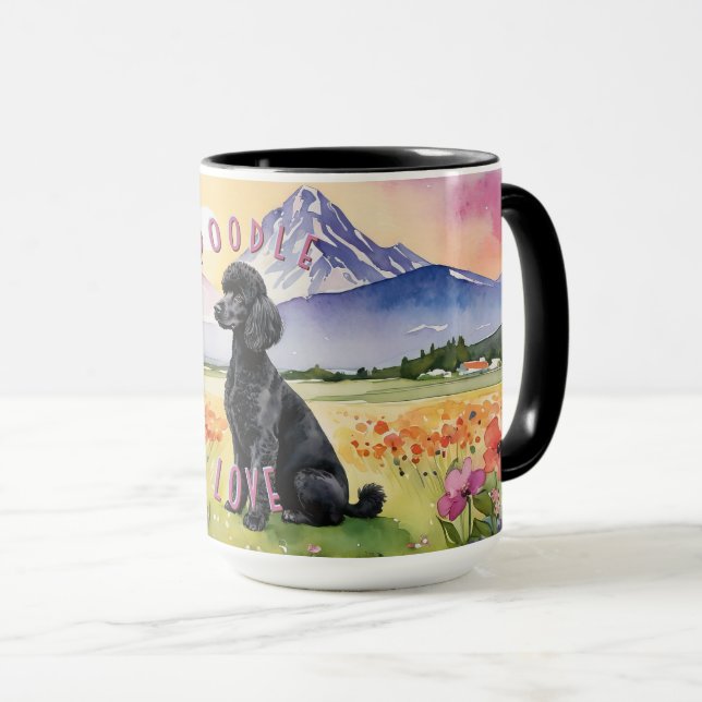 Mug de caniche noir, Lever de soleil de ferme pers (Devant droit)