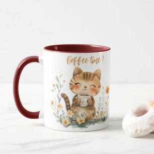 Mug de chat mignon de dessin animé amateur de café