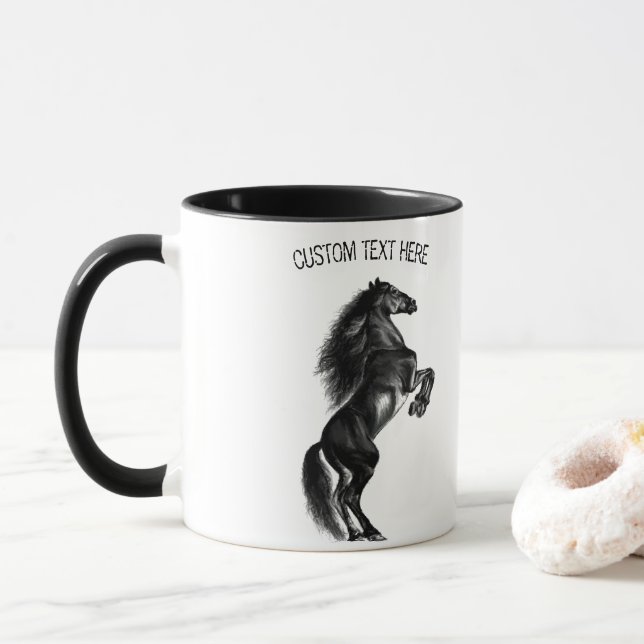 Mug de Cheval sauvage noir dressé avec texte perso (Avec donut)
