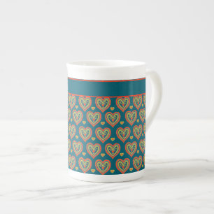 Mug de Chine osseuse, Rouge, Coeurs verts sur Turq